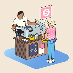 An app illustration of a woman ordering in a coffee shop.