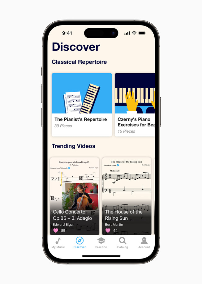 Opdag-siden i Metronaut Sheet Music-appen vises på iPhone 14 Pro.