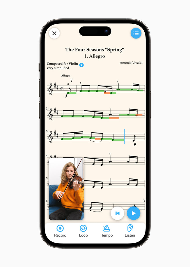 Sheet music for The Four Seasons “Spring” playback session displayed on iPhone 14 Pro.