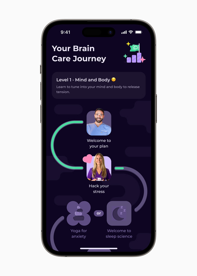 Het beginscherm van het traject voor hersenzorg van de Mindstep Brain & Health-app op iPhone 14 Pro.