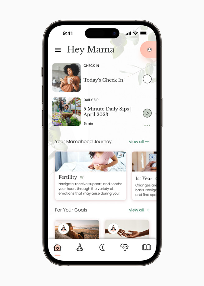 Una pantalla de la aplicación Mindful Mamas en el iPhone 14 Pro dice "Hola mamá".