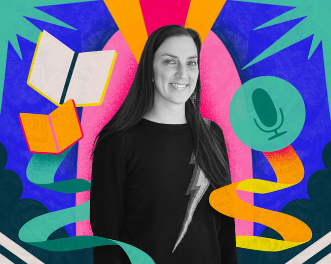 Rebel Girls CEO Jes Wolfe is shown in black-and-white against a colourful illustrated background.