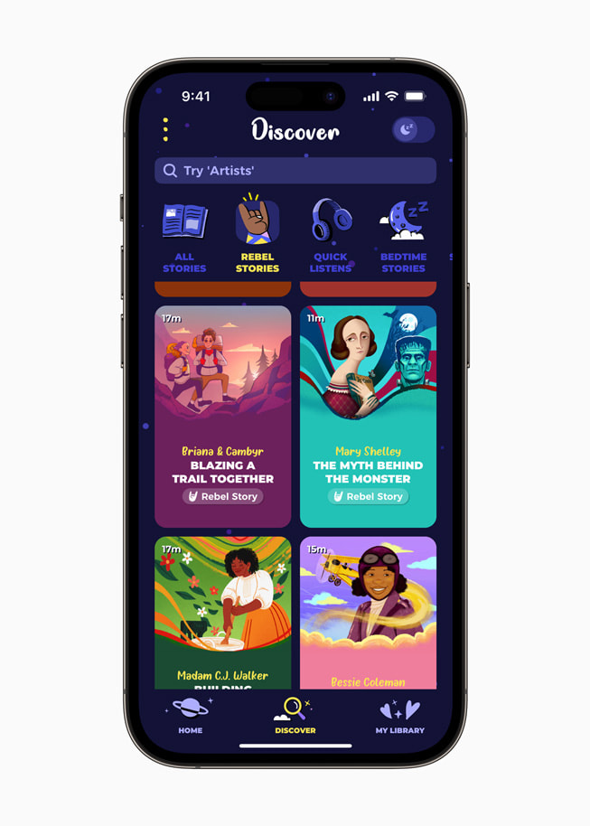 Die „Entdecken“-Seite der Rebel Girls-App mit Geschichten über Briana und Camber, Mary Shelley, Madam C.J. Walker und Bessie Coleman.
