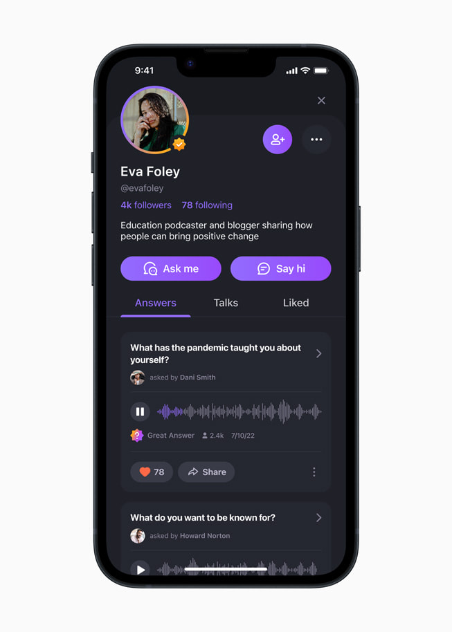 The Wisdom app shows the page for expert Eva Foley, who is described as an “education podcaster and blogger sharing how people can bring positive change.”