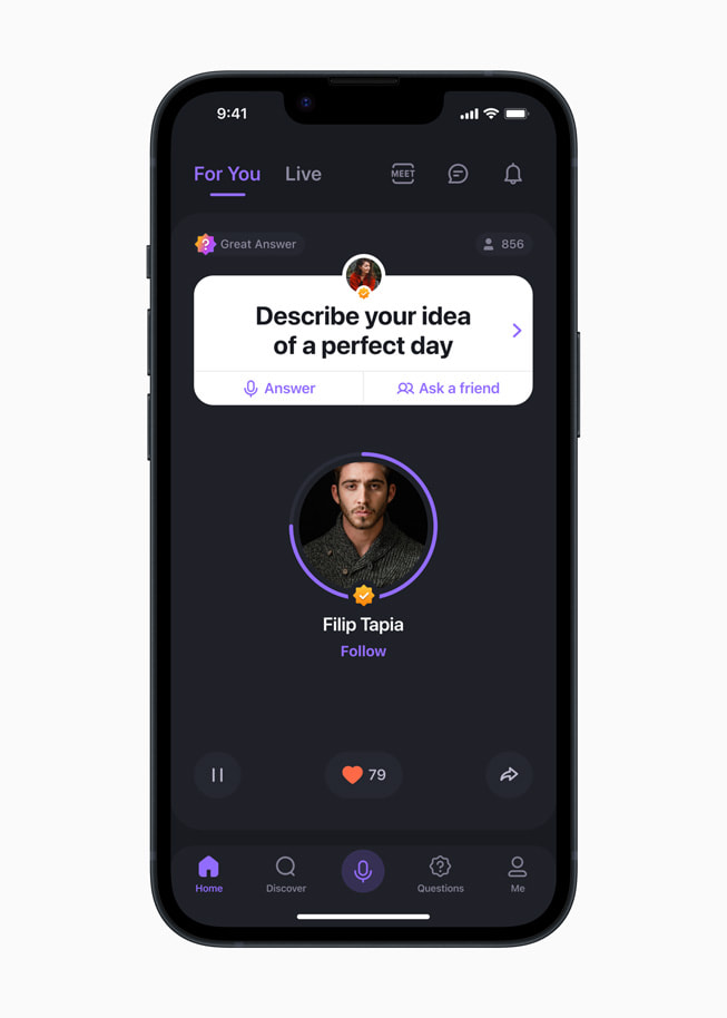 The Wisdom app shows a conversation prompt that reads “Describe your idea of a perfect day”.