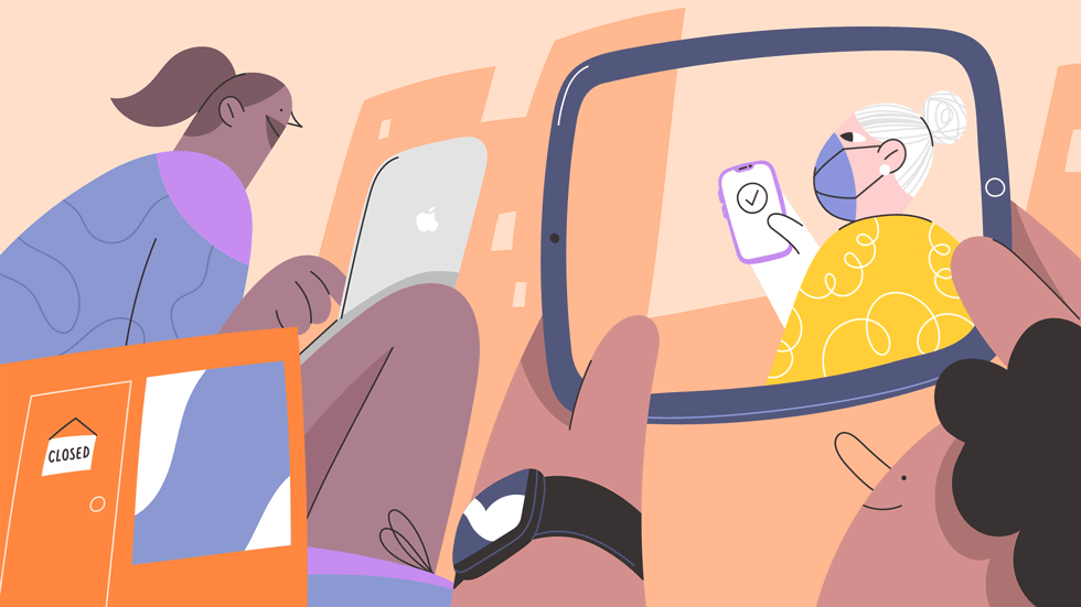 Ilustración de personas usando dispositivos Apple para conectarse con familiares y amigos.