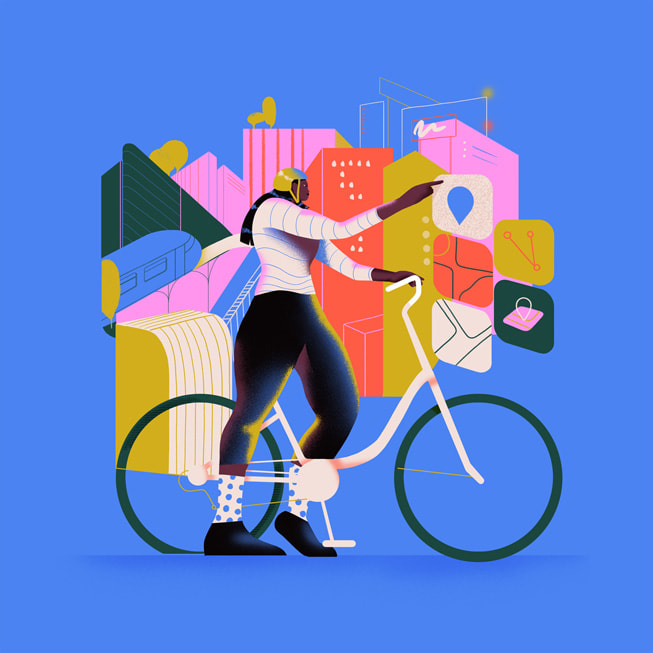 Ilustración de una mujer en una bicicleta que selecciona una app.