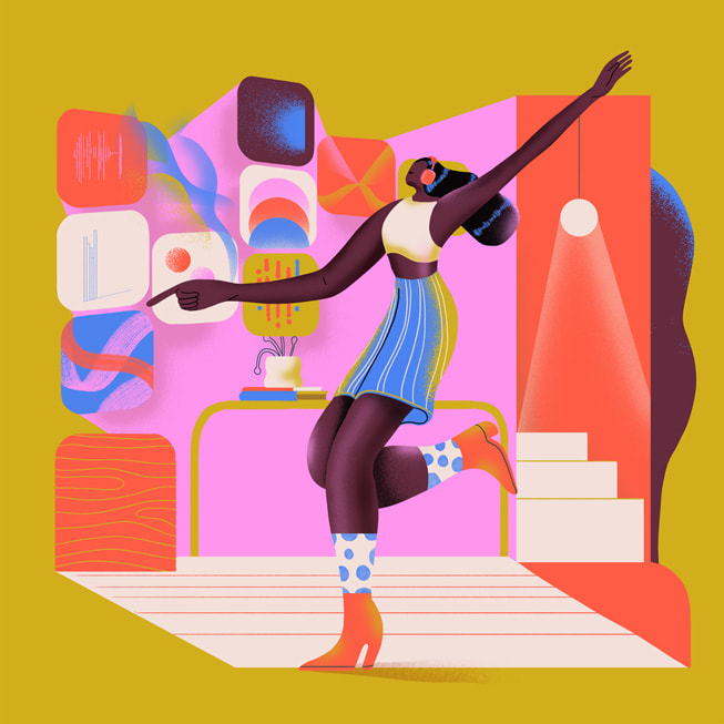 Ilustracja przedstawiająca kobietę w słuchawkach AirPods Max, która wybiera aplikację.