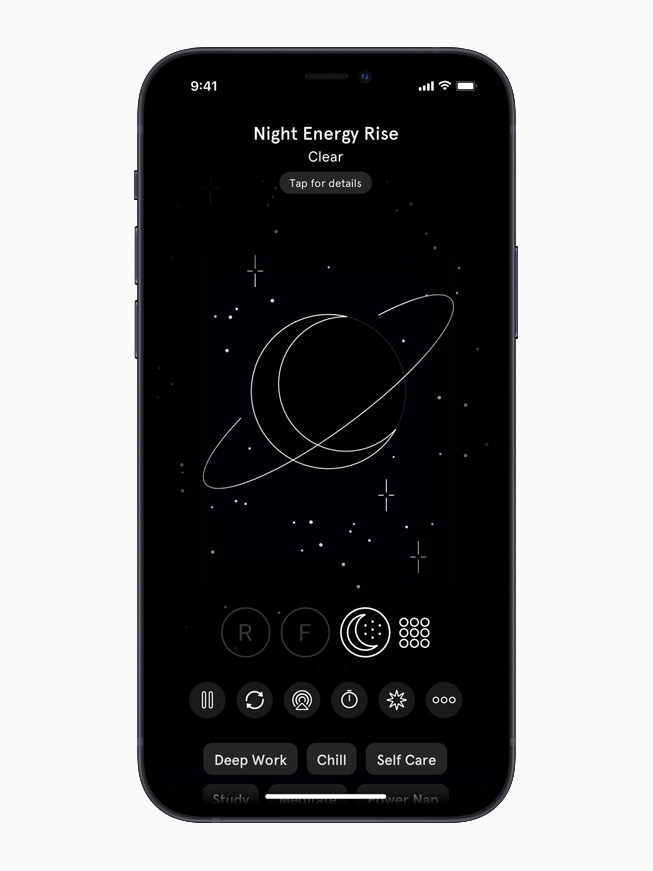 The Endel app displays a Night Energy Rise screen on iPhone 12.