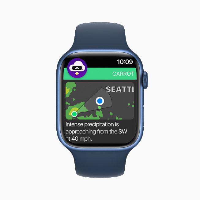 Alerta en la app Carrot Weather en un Apple Watch, desarrollada por Grailr.