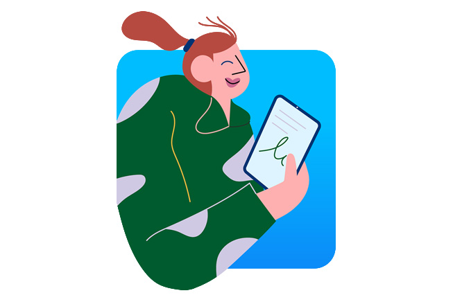 An illustration depicting a woman using iPad. 