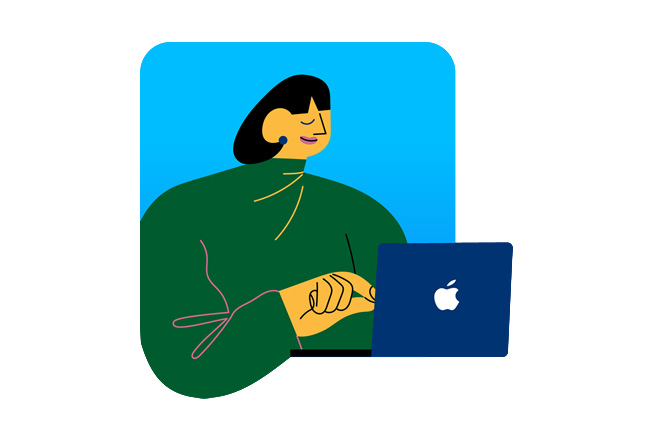 iPadを使って作業している女性を描いたイラスト。