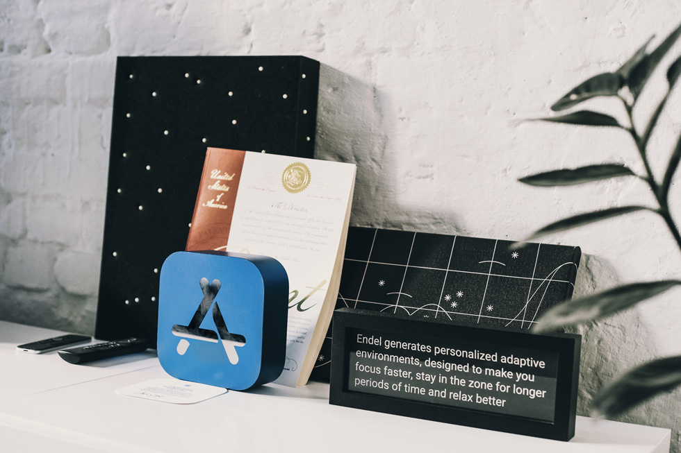 Endel’s Apple Watch App of the Year award and other decor adorn at Endel Studio.