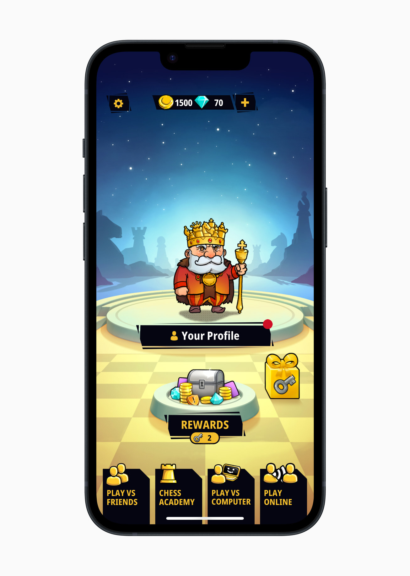 Pada iPhone 14, masih dari permainan Chess Universe+ menunjukkan raja dan dada harta karun