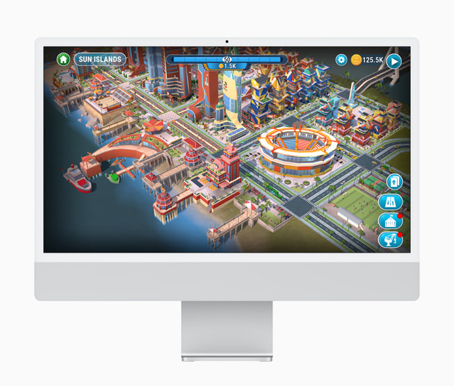 在 iMac 上的《Cityscapes: Sim Builder》遊戲劇照，顯示一個熙攘喧囂的虛擬城市 Sun Island。