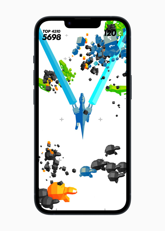 iPhone 14’te, Time Locker+ oyununda uzaydaki engellere ateş eden iki lazeri gösteren bir görüntü.