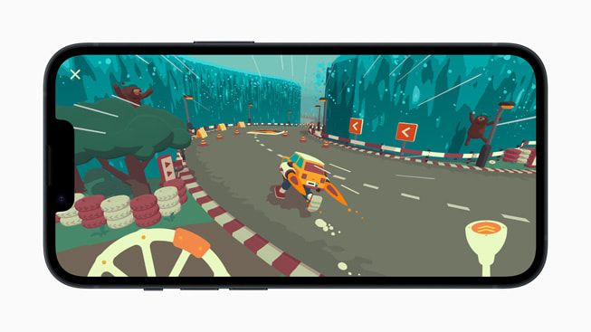 レーストラック上を空飛ぶ車が走る"WHAT THE CAR?"のゲーム画面の静止画像が表示されたiPhone 14。