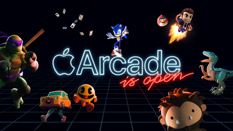 En bild med spelkaraktärer som Sonic the Hedgehog och Donatello från Teenage Mutant Ninja Turtles läser ”Apple Arcade är öppet”.