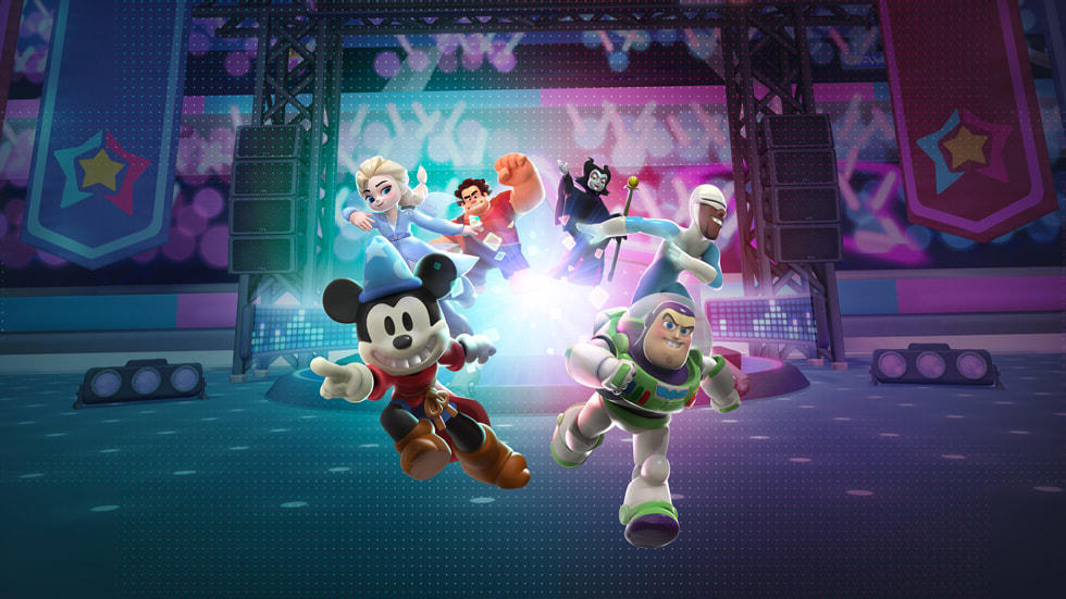 Zu den animierten Charakteren aus dem neuen Apple Arcade Spiel „Disney Melee Mania“ gehören Micky Maus und Buzz Lightyear.
