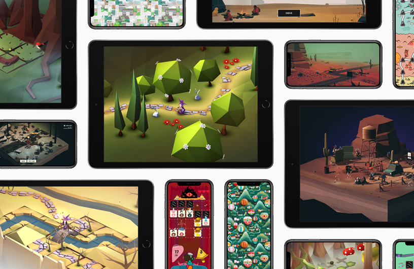 Eine Collage, die das Gameplay von Apple Arcade Spielen auf Apple-Geräten zeigt.