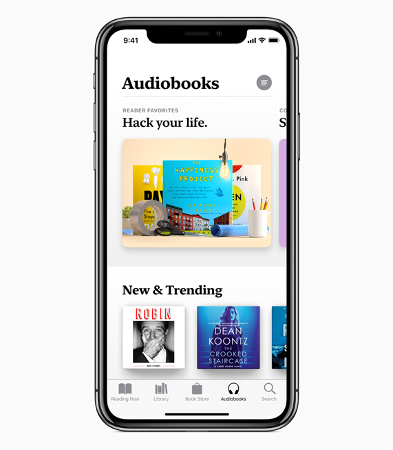 Apple Books의 Audiobooks 화면을 보여주는 iPhone X