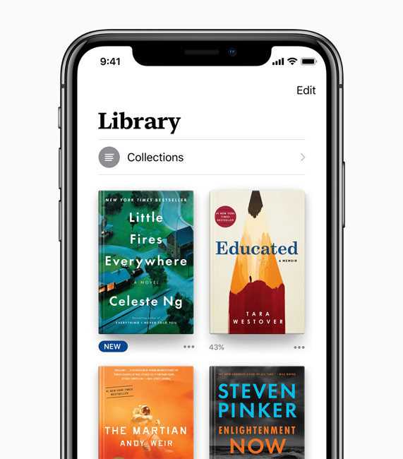 Library screen in Apple Books showing Collections including Little Fires Everywhere by Celeste Ng and Educated by Tara Westover.