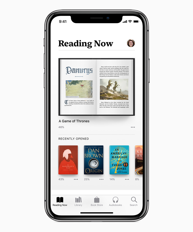 A Game of Thronesで、Daenerysの章を表示しているApple Booksの「今すぐ読む」の画面。