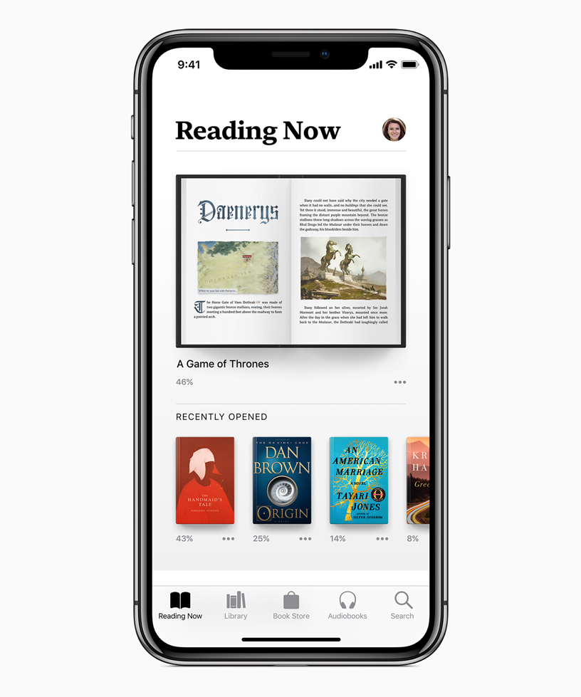 소설 ‘왕좌의 게임(A Game of Thrones)’의 대너리스(Daenerys) 챕터를 보여주는 Apple Books의 Reading Now 화면