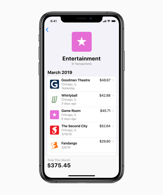 iPhone screen showing Entertainment transactions.