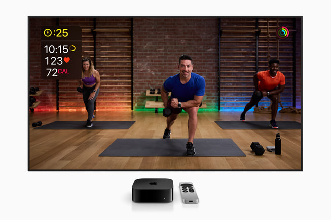 Apple TV shows a Strength workout with trainer Kyle Ardill and special lighting for Pride.