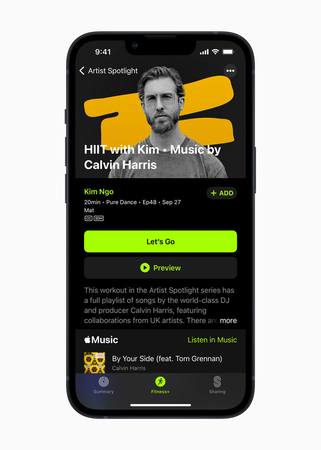 La série Artiste à l’honneur d’Apple Fitness+ affichant un morceau de Calvin Harris sur iPhone 13 Pro.
