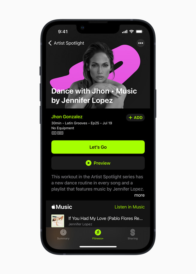 Serie Artista in primo piano su Apple Fitness+ con la musica di Alicia Keys su iPhone 13 Pro.