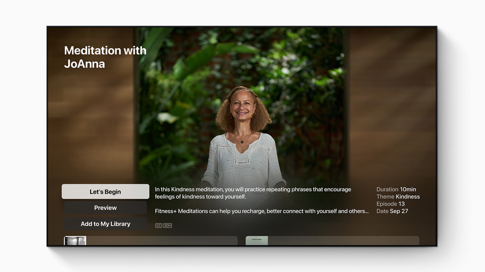 Apple Fitness+ meditation video experience through Apple TV with a Fitness+ trainer.