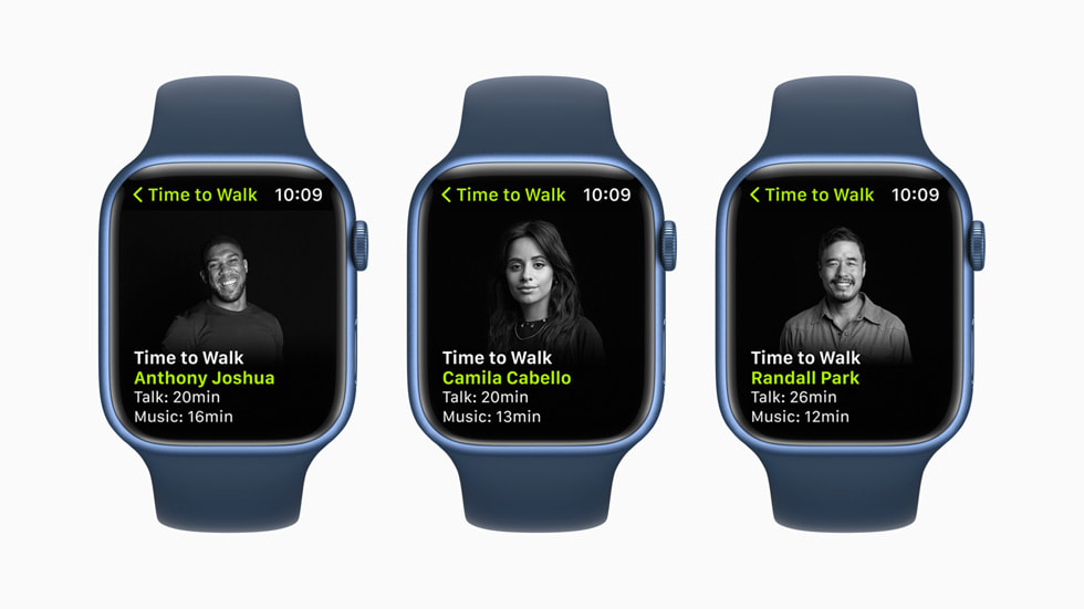Épisodes Marchez avec Anthony Joshua, Camila Cabello et Randall Park affichés sur trois Apple Watch Series 7.