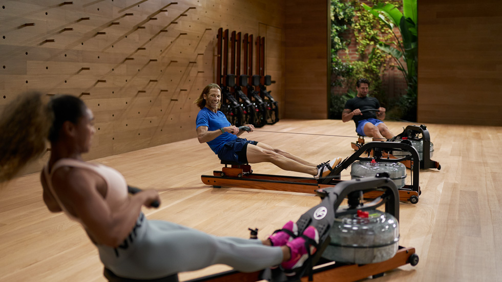 Rowing workout in the Apple Fitness+ studio.