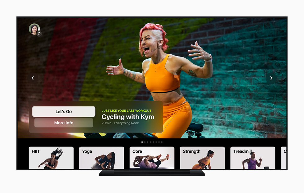 Cycling with Kym workout displayed on a television with Apple TV. 