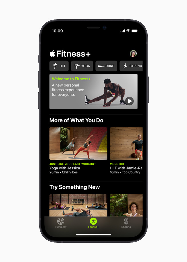 Apple Fitness+ home screen on iPhone 12.