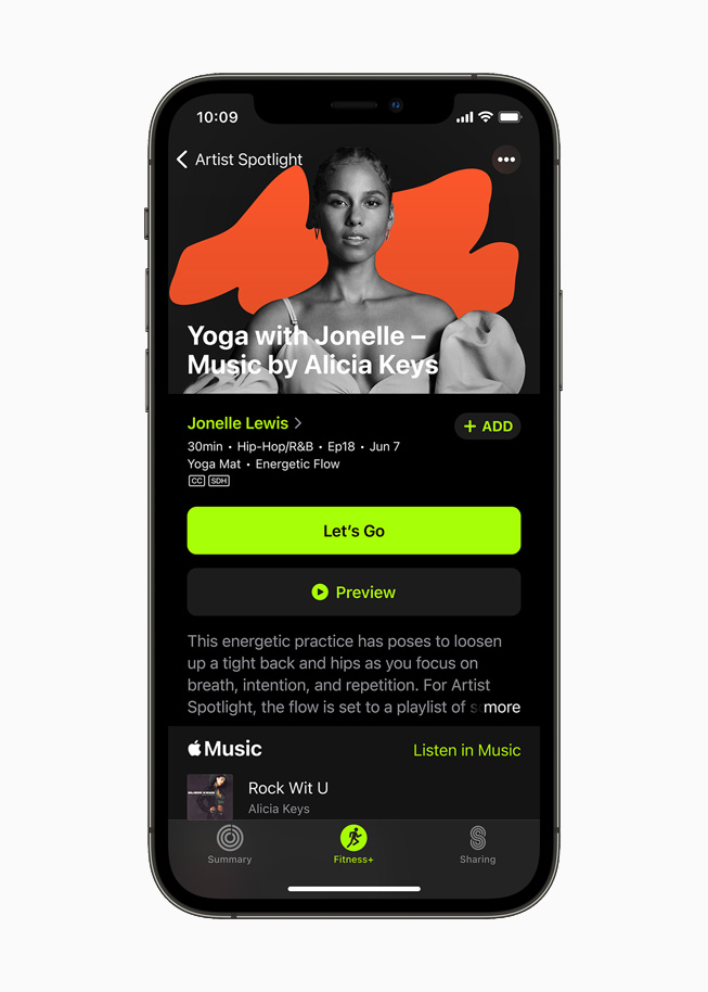 Alicia Keys on the new Artist Spotlight series for Fitness+ users on iPhone 12 Pro.