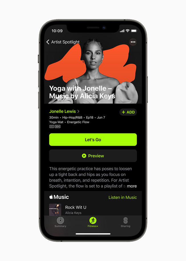 Alicia Keys on the new Artist Spotlight series for Fitness+ users on iPhone 12 Pro.