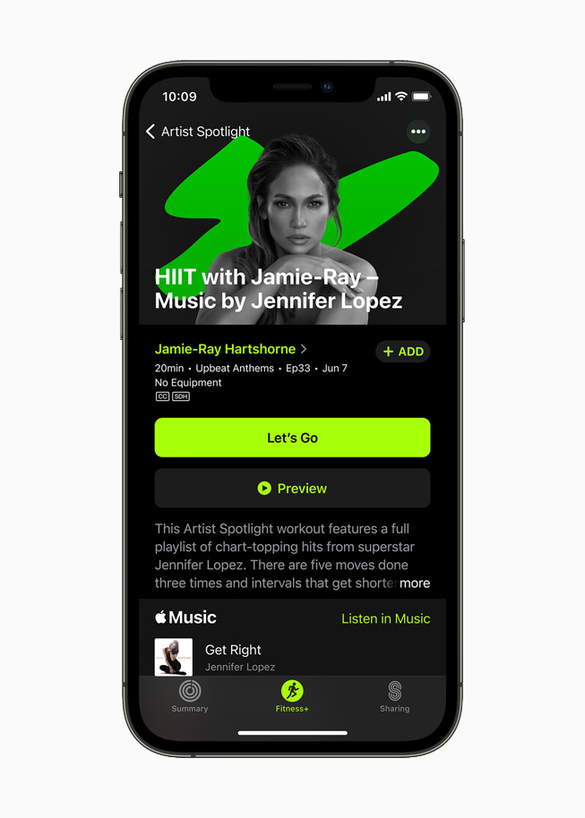 Jennifer Lopez on the new Artist Spotlight series for Fitness+ users on iPhone 12 Pro.