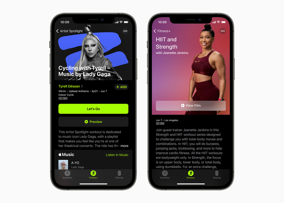 Lady Gaga on the new Artist Spotlight series and Jeanette Jenkins featured for Fitness+ users displayed on iPhone 12 Pros.