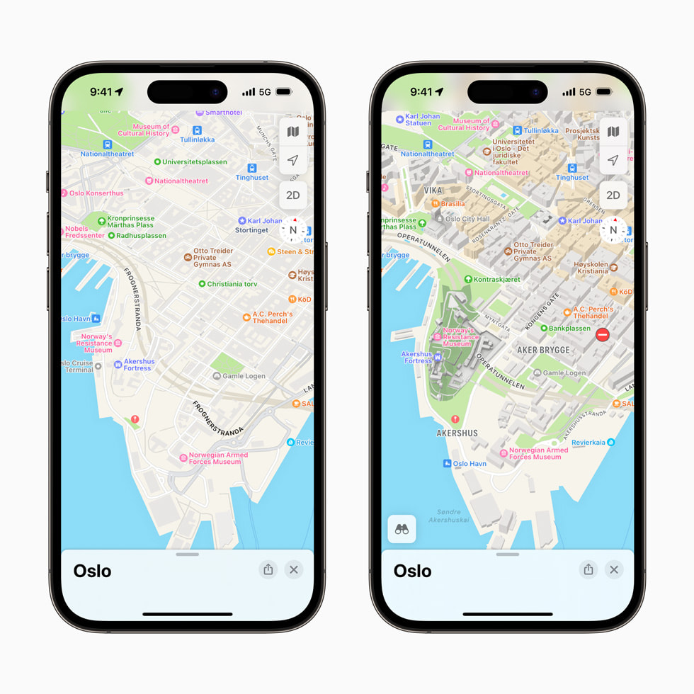 Bilder från nya och gamla versionen av Kartor över Oslo i Norge på en iPhone 14 Pro. Bilden från den uppdaterade versionen är mer detaljrik.