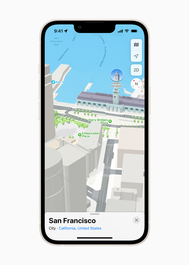 iPhone displays a 3D map of San Francisco in Apple Maps in iOS 15.