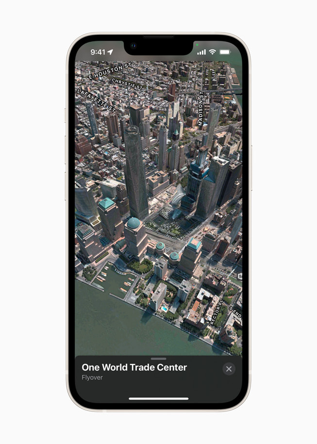 Apple Maps on iPhone shows a Flyover view of One World Trade Center in New York City.