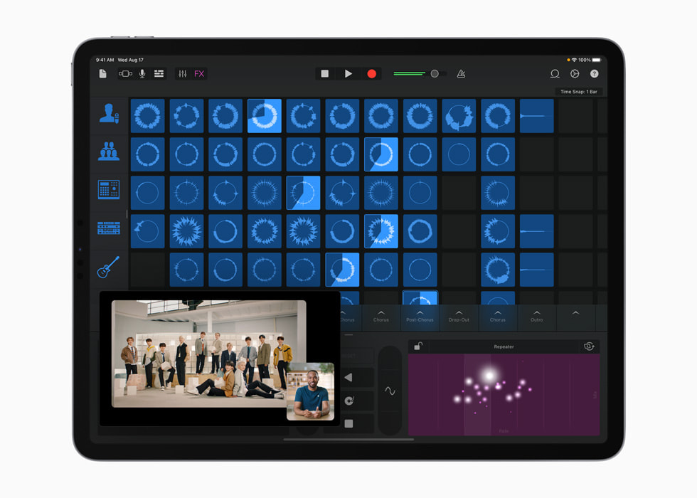 L’interface Live Loops de GarageBand avec le morceau Darl+ing de SEVENTEEN sur l’iPad Pro.