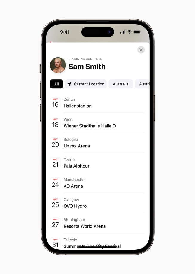 Fonctionnalité de recherche de concerts dans la section Set List d’Apple Music, affichée sur un iPhone 14 Pro.