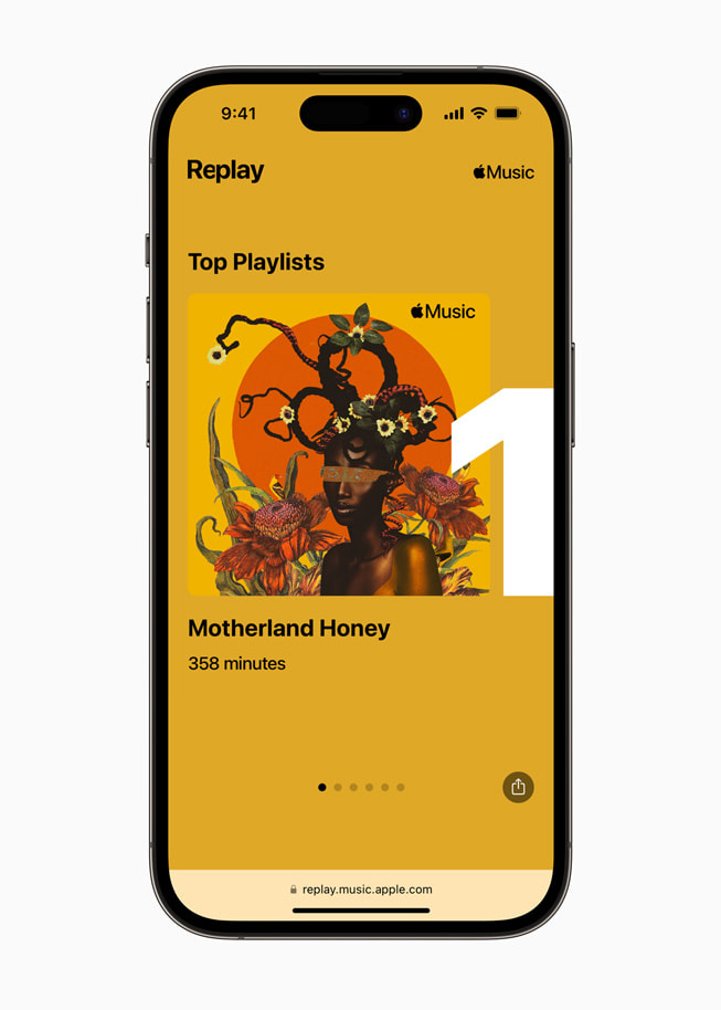 iPhone 上的 Replay 顯示使用者在 Apple Music 最喜愛的歌單。