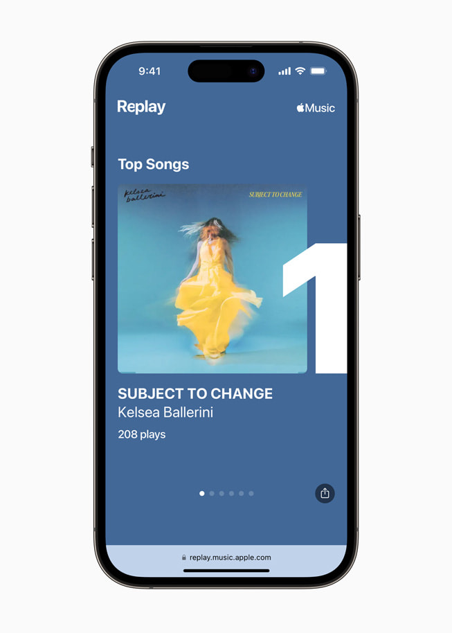 A user’s top songs in Apple Music are shown in Replay on iPhone.