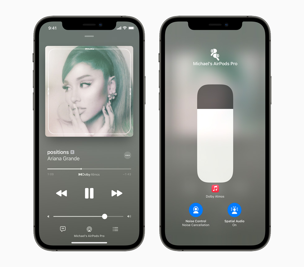 Ariana Grande-albumcover i Apple Music, vist på iPhone 12 Pro, der forbindes med AirPods Pro.