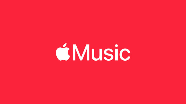 The Apple Music logo on a red background.